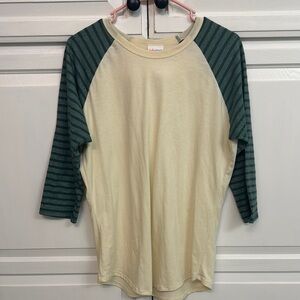LulaRoe Cream and Green Raglan Sleeve Shirt. Size M.